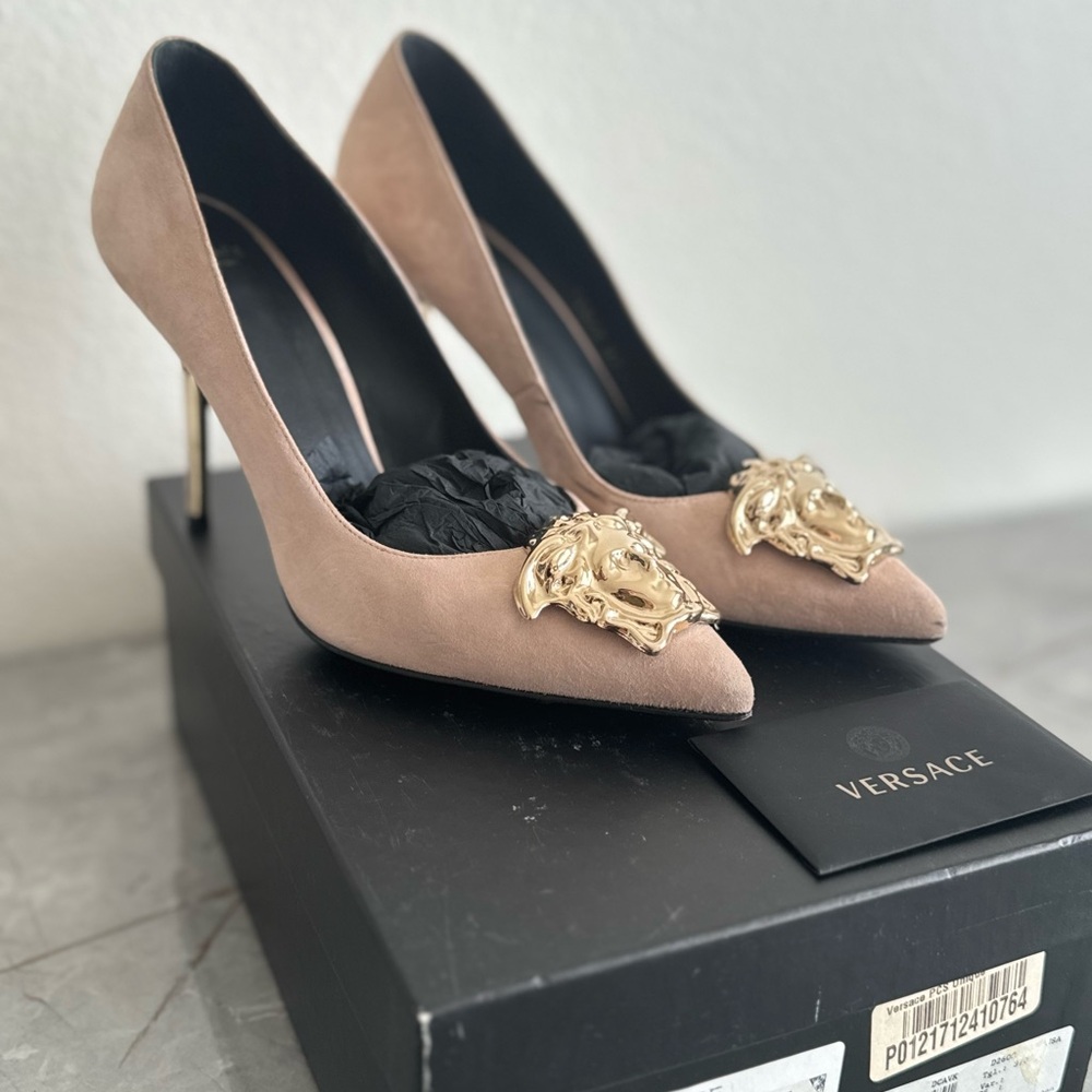 Versace Beige Heels with Gold Medusa Detail